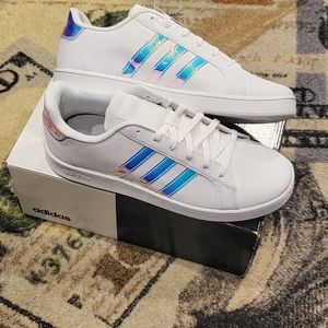 adidas white and holographic shoes